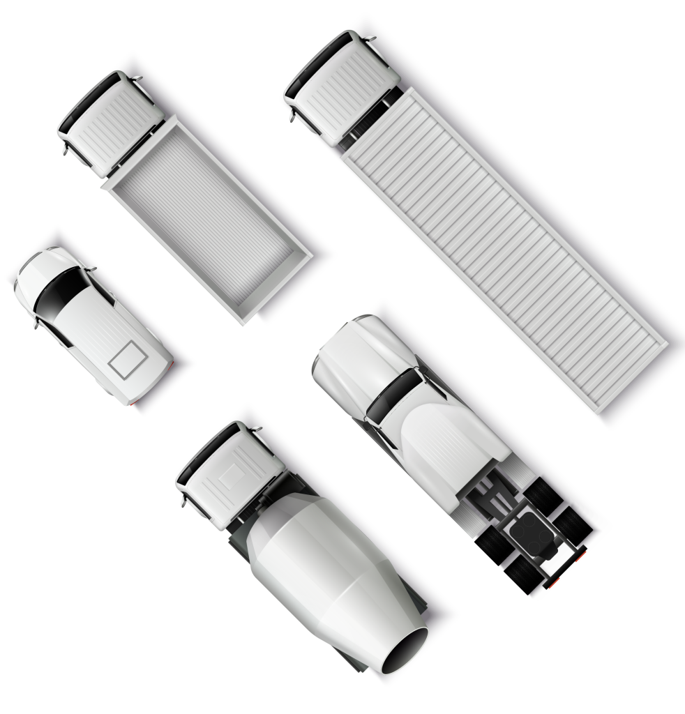 Aerial view of a mixed fleet including cars, trucks, lorries, and mixers monitored by AI.