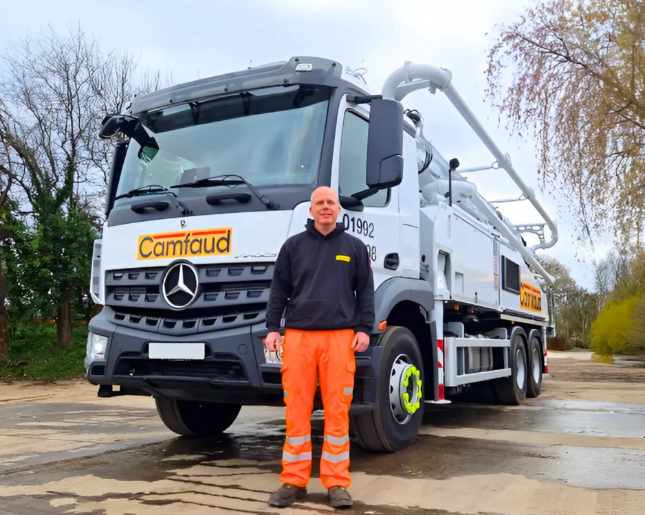 Camfaud fleet vehicle with a Camfaud staff member, showcasing Fleet Focus AI-powered safety solutions.